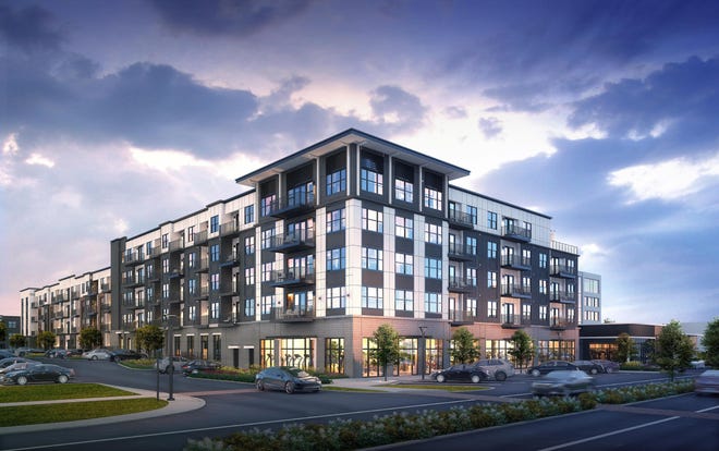 The development firms Milhaus and Harbor Group International are teaming up to build Tempo, a 359-unit apartment complex, shown here in a rendering, in the TruePointe development in Hilliard.