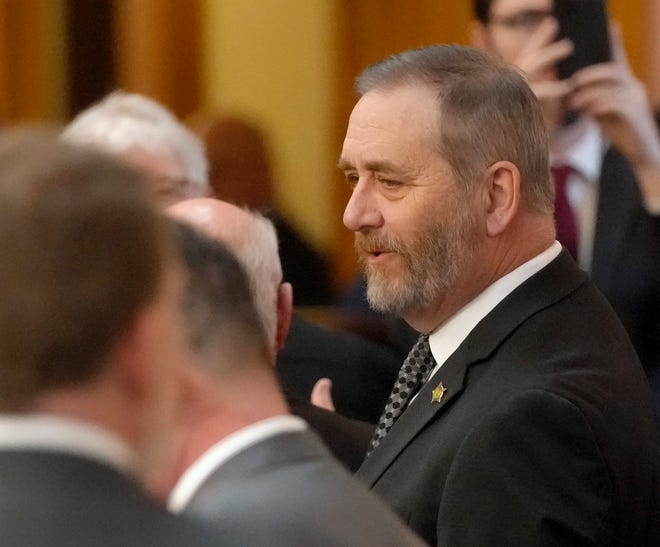 April 10, 2024; Columbus, Ohio, USA; 
Ohio Attorney General Dave Yost mingles in the Ohio House chambers before Ohio Governor Mike DeWine gave his 2024 State of the State address at the Ohio Statehouse on Wednesday afternoon.