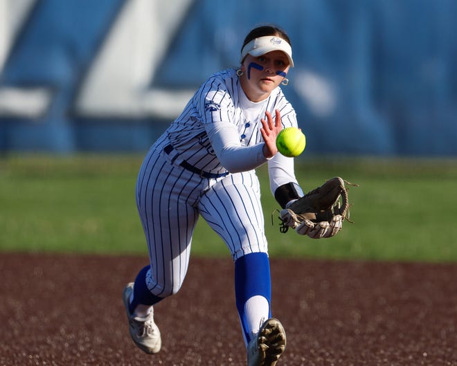 Apr 22, 2024; Powell, Ohio, USA; Olentangy Liberty's Allie Motyka (31) makes a catch in the infield during the high school softball game against Hilliard Bradley at Olentangy Liberty High School. Hilliard Bradley won 3-2. Mandatory Credit: Graham Stokes-The Columbus Dispatch