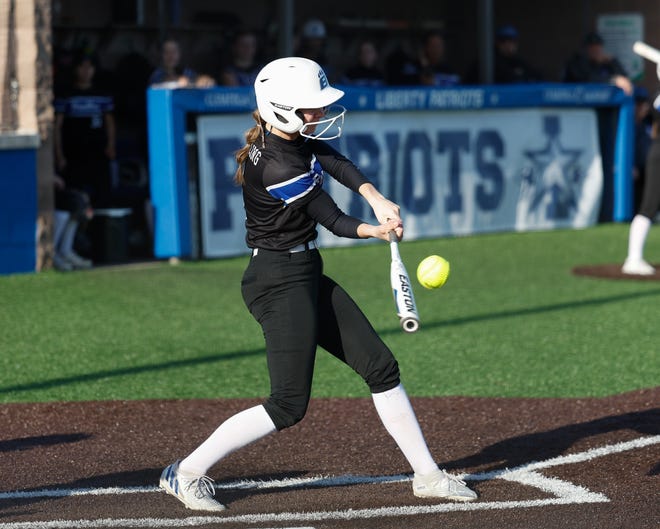 Apr 22, 2024; Powell, Ohio, USA; Hilliard Bradley's Avery Zwillling (3) takes a swing during the high school softball game at Olentangy Liberty High School. Hilliard Bradley won 3-2. Mandatory Credit: Graham Stokes-The Columbus Dispatch