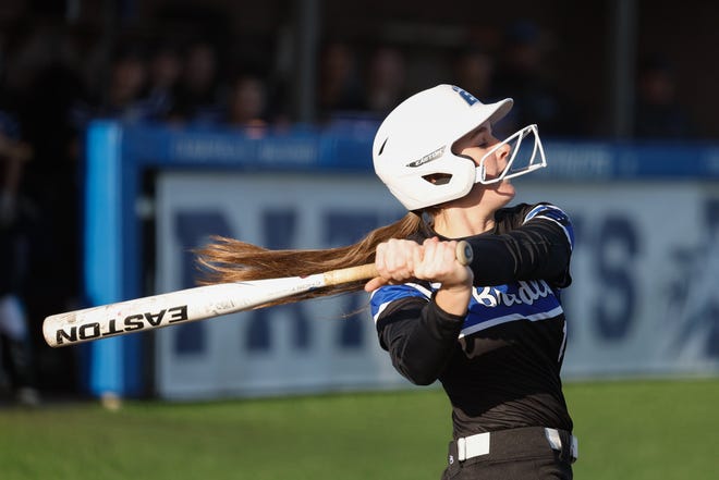 Apr 22, 2024; Powell, Ohio, USA; Hilliard Bradley's Andrea Day (10) takes a cut during the high school softball game at Olentangy Liberty High School. Hilliard Bradley won 3-2. Mandatory Credit: Graham Stokes-The Columbus Dispatch