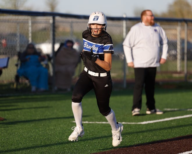 Apr 22, 2024; Powell, Ohio, USA; Hilliard Bradley's Sophia Lopez (17) runs home in the top of the seventh during the high school softball game at Olentangy Liberty High School. Hilliard Bradley won 3-2. Mandatory Credit: Graham Stokes-The Columbus Dispatch