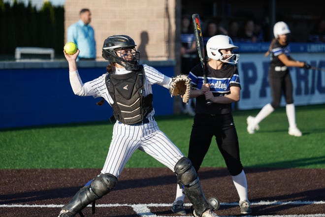 Apr 22, 2024; Powell, Ohio, USA; Olentangy Liberty catcher Haley Colegrove (24) throws to second to stop a runner during the high school softball game against Hilliard Bradley at Olentangy Liberty High School. Hilliard Bradley won 3-2. Mandatory Credit: Graham Stokes-The Columbus Dispatch